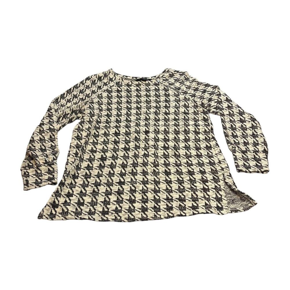 Sharagano Sweater Womens Medium Ivory Black Houndstooth Cotton Zip Raglan Sleeve